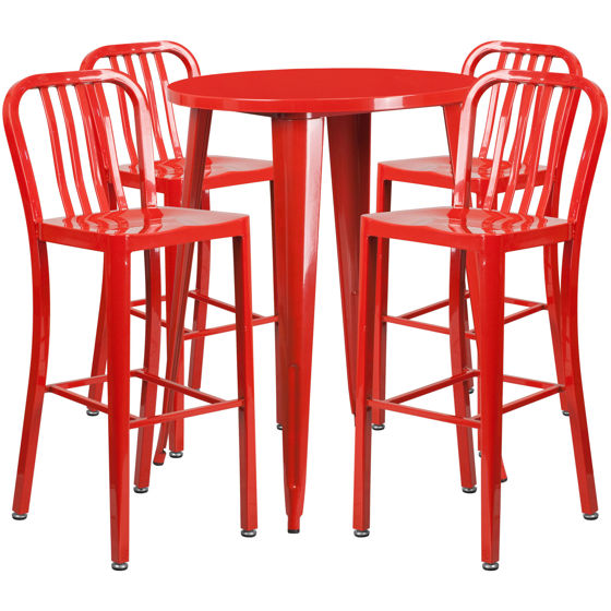 Commercial Grade 30" Round Red Metal Indoor-Outdoor Bar Table Set with 4 Vertical Slat Back Stools CH-51090BH-4-30VRT-RED-GG