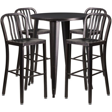Commercial Grade 30" Round Black-Antique Gold Metal Indoor-Outdoor Bar Table Set with 4 Vertical Slat Back Stools CH-51090BH-4-30VRT-BQ-GG