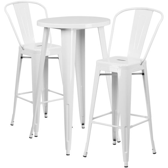 Commercial Grade 24" Round White Metal Indoor-Outdoor Bar Table Set with 2 Cafe Stools CH-51080BH-2-30CAFE-WH-GG