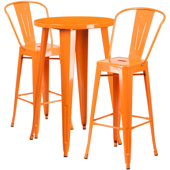 Commercial Grade 24" Round Orange Metal Indoor-Outdoor Bar Table Set with 2 Cafe Stools CH-51080BH-2-30CAFE-OR-GG