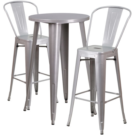 Commercial Grade 24" Round Silver Metal Indoor-Outdoor Bar Table Set with 2 Cafe Stools CH-51080BH-2-30CAFE-SIL-GG