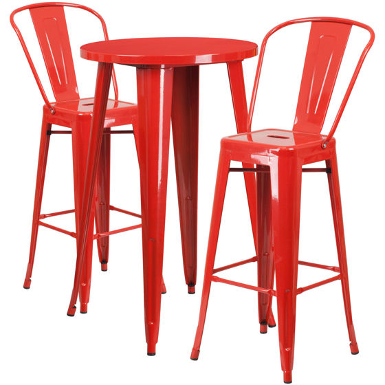 Commercial Grade 24" Round Red Metal Indoor-Outdoor Bar Table Set with 2 Cafe Stools CH-51080BH-2-30CAFE-RED-GG