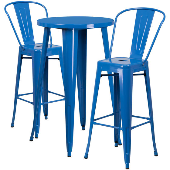 Commercial Grade 24" Round Blue Metal Indoor-Outdoor Bar Table Set with 2 Cafe Stools CH-51080BH-2-30CAFE-BL-GG