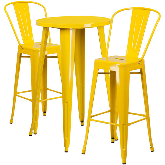 Commercial Grade 24" Round Yellow Metal Indoor-Outdoor Bar Table Set with 2 Cafe Stools CH-51080BH-2-30CAFE-YL-GG