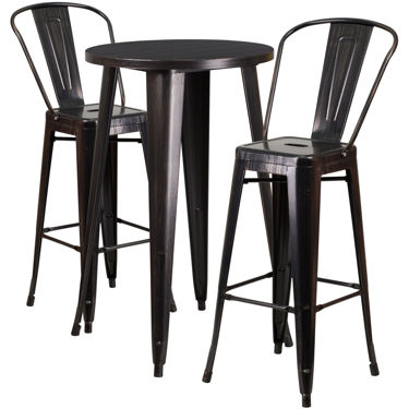 Commercial Grade 24" Round Black-Antique Gold Metal Indoor-Outdoor Bar Table Set with 2 Cafe Stools CH-51080BH-2-30CAFE-BQ-GG