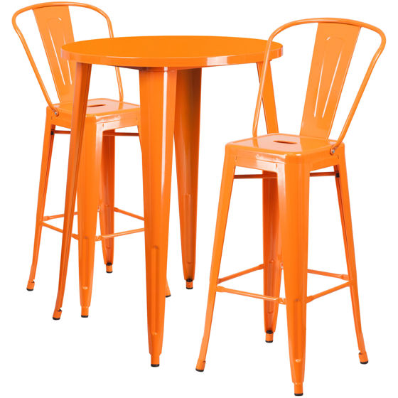 Commercial Grade 30" Round Orange Metal Indoor-Outdoor Bar Table Set with 2 Cafe Stools CH-51090BH-2-30CAFE-OR-GG