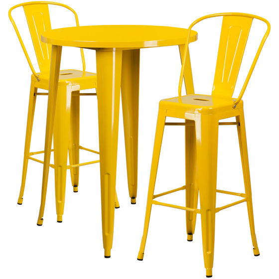Commercial Grade 30" Round Yellow Metal Indoor-Outdoor Bar Table Set with 2 Cafe Stools CH-51090BH-2-30CAFE-YL-GG