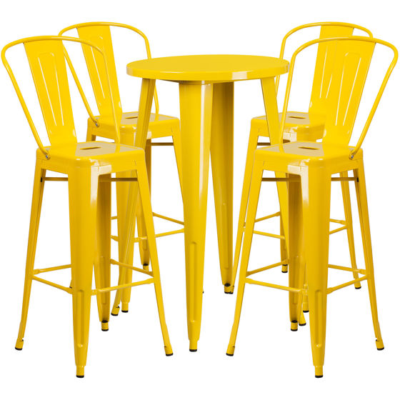 Commercial Grade 24" Round Yellow Metal Indoor-Outdoor Bar Table Set with 4 Cafe Stools  CH-51080BH-4-30CAFE-YL-GG