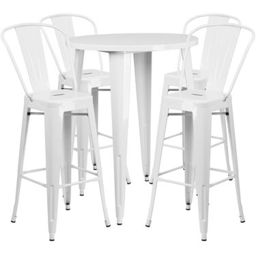 Commercial Grade 30" Round White Metal Indoor-Outdoor Bar Table Set with 4 Cafe Stools CH-51090BH-4-30CAFE-WH-GG