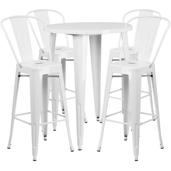 Commercial Grade 30" Round White Metal Indoor-Outdoor Bar Table Set with 4 Cafe Stools CH-51090BH-4-30CAFE-WH-GG