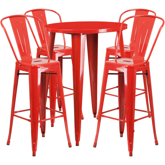 Commercial Grade 30" Round Red Metal Indoor-Outdoor Bar Table Set with 4 Cafe Stools CH-51090BH-4-30CAFE-RED-GG