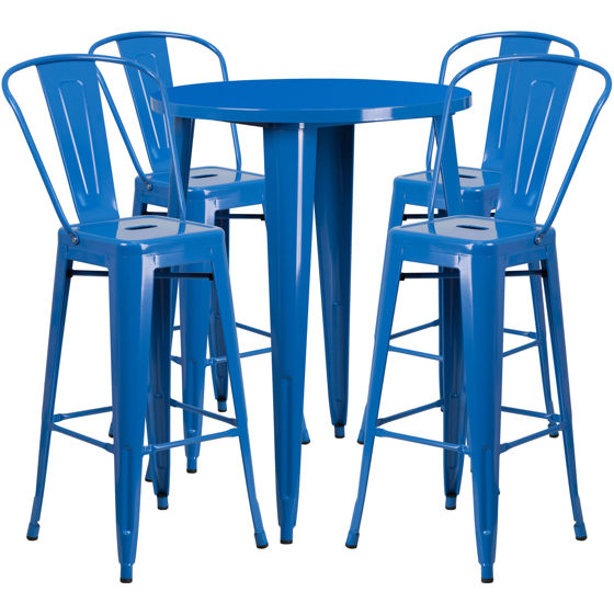 Commercial Grade 30" Round Blue Metal Indoor-Outdoor Bar Table Set with 4 Cafe Stools  CH-51090BH-4-30CAFE-BL-GG