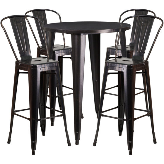 Commercial Grade 30" Round Black-Antique Gold Metal Indoor-Outdoor Bar Table Set with 4 Cafe Stools CH-51090BH-4-30CAFE-BQ-GG