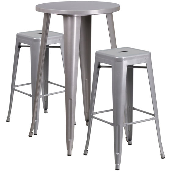Commercial Grade 24" Round Silver Metal Indoor-Outdoor Bar Table Set with 2 Square Seat Backless Stools CH-51080BH-2-30SQST-SIL-GG