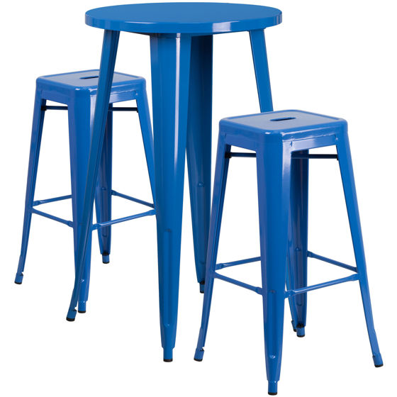 Commercial Grade 24" Round Blue Metal Indoor-Outdoor Bar Table Set with 2 Square Seat Backless Stools CH-51080BH-2-30SQST-BL-GG