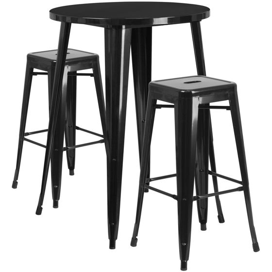 Commercial Grade 30" Round Black Metal Indoor-Outdoor Bar Table Set with 2 Square Seat Backless Stools CH-51090BH-2-30SQST-BK-GG