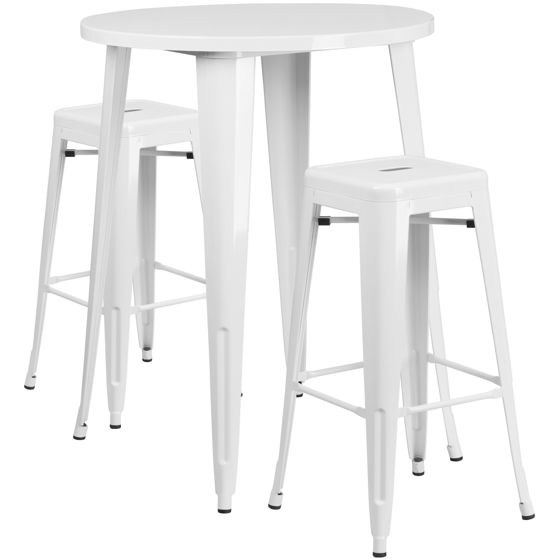 Commercial Grade 30" Round White Metal Indoor-Outdoor Bar Table Set with 2 Square Seat Backless Stools CH-51090BH-2-30SQST-WH-GG