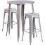 Commercial Grade 30" Round Silver Metal Indoor-Outdoor Bar Table Set with 2 Square Seat Backless Stools CH-51090BH-2-30SQST-SIL-GG