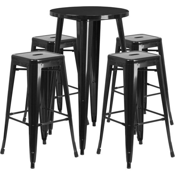 Commercial Grade 24" Round Black Metal Indoor-Outdoor Bar Table Set with 4 Square Seat Backless Stools CH-51080BH-4-30SQST-BK-GG