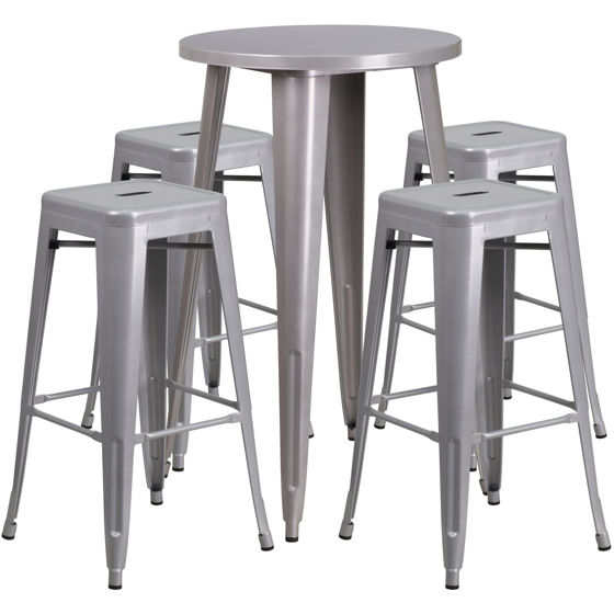Commercial Grade 24" Round Silver Metal Indoor-Outdoor Bar Table Set with 4 Square Seat Backless Stools CH-51080BH-4-30SQST-SIL-GG