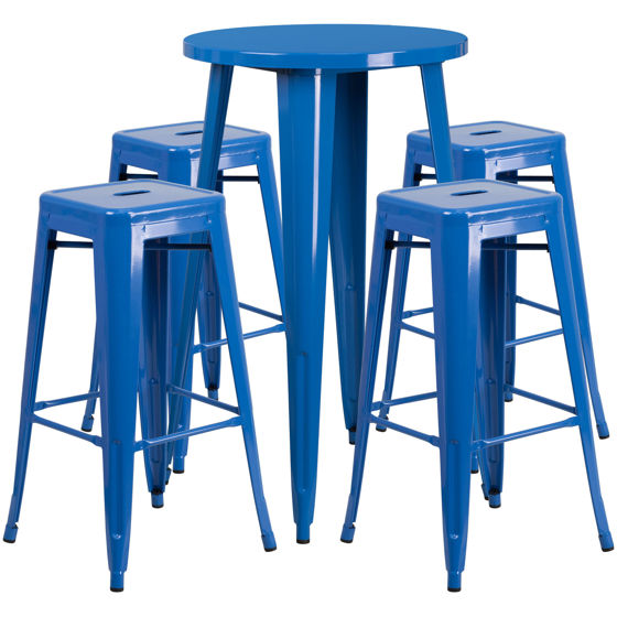 Commercial Grade 24" Round Blue Metal Indoor-Outdoor Bar Table Set with 4 Square Seat Backless Stools CH-51080BH-4-30SQST-BL-GG