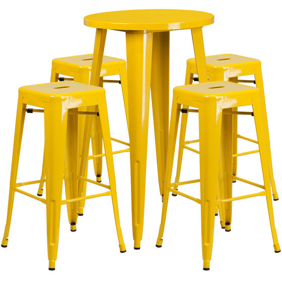 Commercial Grade 24" Round Yellow Metal Indoor-Outdoor Bar Table Set with 4 Square Seat Backless Stools CH-51080BH-4-30SQST-YL-GG