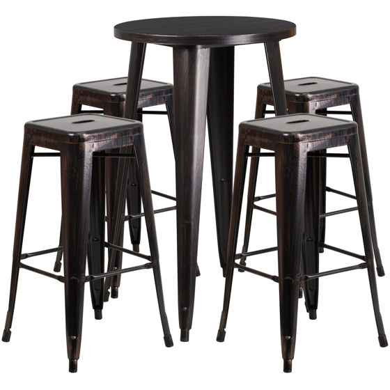 Commercial Grade 24" Round Black-Antique Gold Metal Indoor-Outdoor Bar Table Set with 4 Square Seat Backless Stools CH-51080BH-4-30SQST-BQ-GG