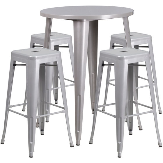 Commercial Grade 30" Round Silver Metal Indoor-Outdoor Bar Table Set with 4 Square Seat Backless Stools CH-51090BH-4-30SQST-SIL-GG