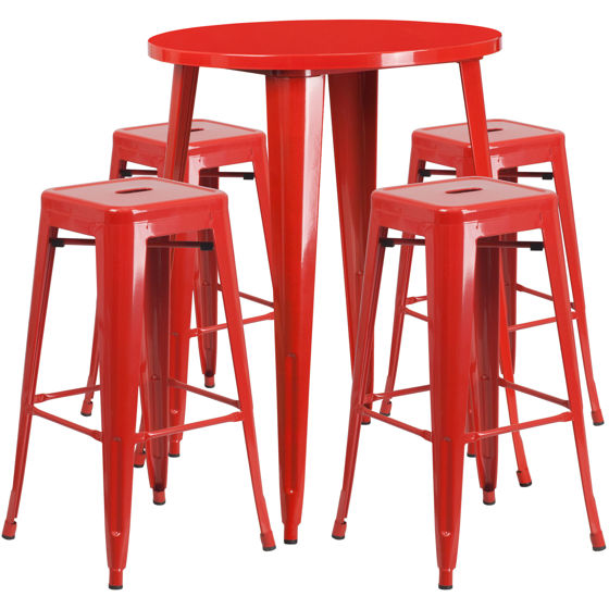 Commercial Grade 30" Round Red Metal Indoor-Outdoor Bar Table Set with 4 Square Seat Backless Stools CH-51090BH-4-30SQST-RED-GG