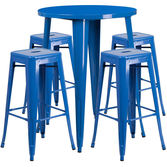 Commercial Grade 30" Round Blue Metal Indoor-Outdoor Bar Table Set with 4 Square Seat Backless Stools CH-51090BH-4-30SQST-BL-GG