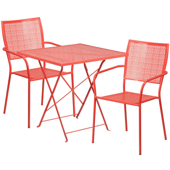 Oia Commercial Grade 28" Square Coral Indoor-Outdoor Steel Folding Patio Table Set with 2 Square Back Chairs CO-28SQF-02CHR2-RED-GG