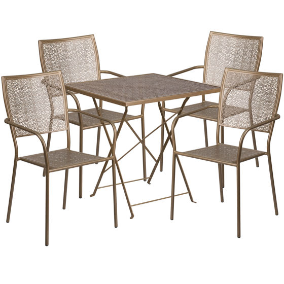 Oia Commercial Grade 28" Square Gold Indoor-Outdoor Steel Folding Patio Table Set with 4 Square Back Chairs CO-28SQF-02CHR4-GD-GG