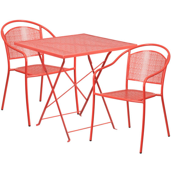 Oia Commercial Grade 28" Square Coral Indoor-Outdoor Steel Folding Patio Table Set with 2 Round Back Chairs CO-28SQF-03CHR2-RED-GG