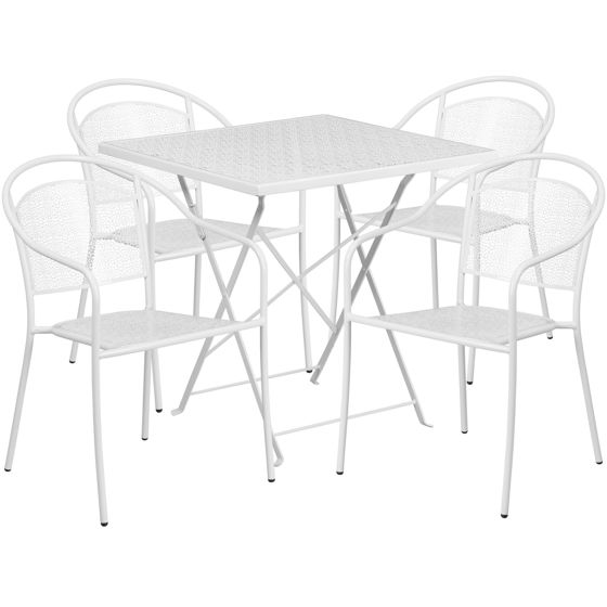 Oia Commercial Grade 28" Square White Indoor-Outdoor Steel Folding Patio Table Set with 4 Round Back Chairs CO-28SQF-03CHR4-WH-GG
