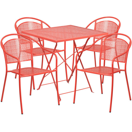 Oia Commercial Grade 28" Square Coral Indoor-Outdoor Steel Folding Patio Table Set with 4 Round Back Chairs CO-28SQF-03CHR4-RED-GG
