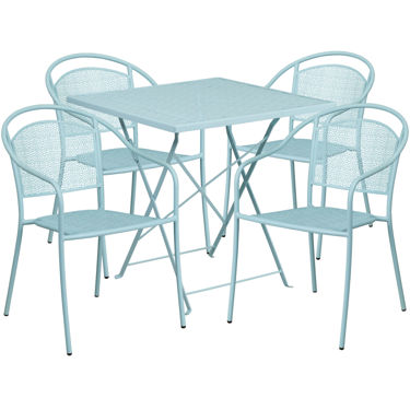 Oia Commercial Grade 28" Square Sky Blue Indoor-Outdoor Steel Folding Patio Table Set with 4 Round Back Chairs CO-28SQF-03CHR4-SKY-GG