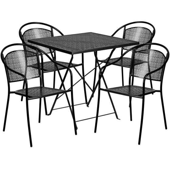 Oia Commercial Grade 28" Square Black Indoor-Outdoor Steel Folding Patio Table Set with 4 Round Back Chairs CO-28SQF-03CHR4-BK-GG