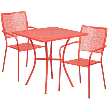 Oia Commercial Grade 28" Square Coral Indoor-Outdoor Steel Patio Table Set with 2 Square Back Chairs CO-28SQ-02CHR2-RED-GG