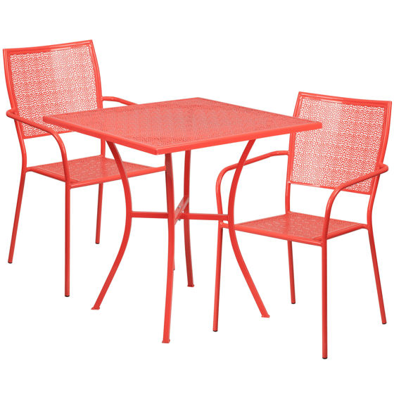 Oia Commercial Grade 28" Square Coral Indoor-Outdoor Steel Patio Table Set with 2 Square Back Chairs CO-28SQ-02CHR2-RED-GG