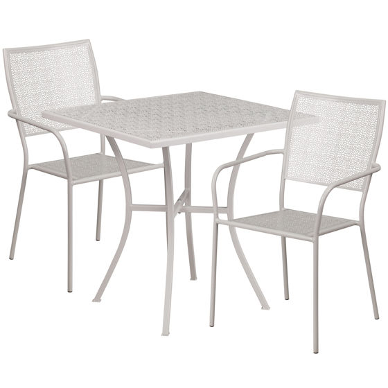 Oia Commercial Grade 28" Square Light Gray Indoor-Outdoor Steel Patio Table Set with 2 Square Back Chairs CO-28SQ-02CHR2-SIL-GG