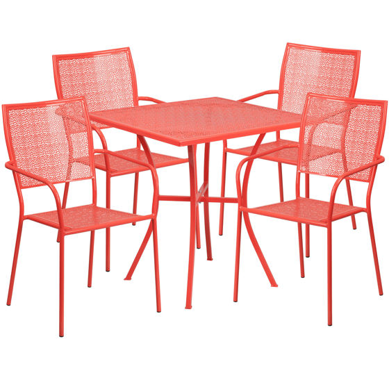Oia Commercial Grade 28" Square Coral Indoor-Outdoor Steel Patio Table Set with 4 Square Back Chairs CO-28SQ-02CHR4-RED-GG