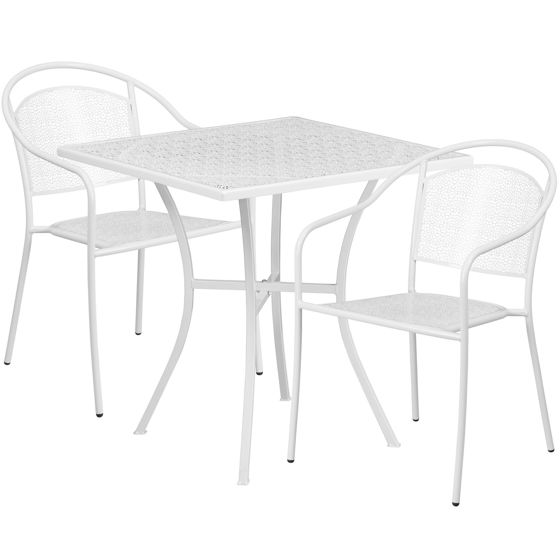 Oia Commercial Grade 28" Square White Indoor-Outdoor Steel Patio Table Set with 2 Round Back Chairs CO-28SQ-03CHR2-WH-GG