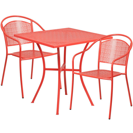 Oia Commercial Grade 28" Square Coral Indoor-Outdoor Steel Patio Table Set with 2 Round Back Chairs CO-28SQ-03CHR2-RED-GG