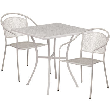 Oia Commercial Grade 28" Square Light Gray Indoor-Outdoor Steel Patio Table Set with 2 Round Back Chairs CO-28SQ-03CHR2-SIL-GG
