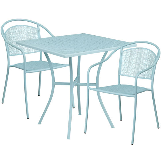 Oia Commercial Grade 28" Square Sky Blue Indoor-Outdoor Steel Patio Table Set with 2 Round Back Chairs CO-28SQ-03CHR2-SKY-GG