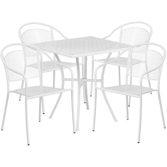 Oia Commercial Grade 28" Square White Indoor-Outdoor Steel Patio Table Set with 4 Round Back Chairs CO-28SQ-03CHR4-WH-GG
