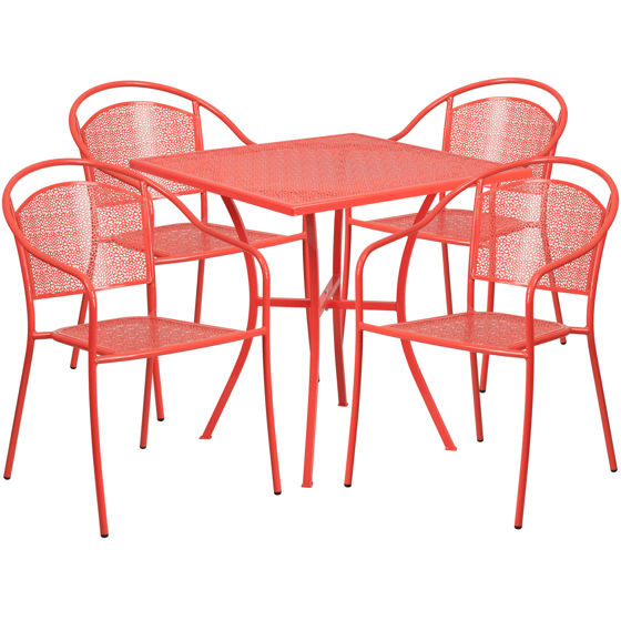 Oia Commercial Grade 28" Square Coral Indoor-Outdoor Steel Patio Table Set with 4 Round Back Chairs CO-28SQ-03CHR4-RED-GG