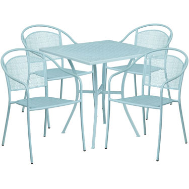 Oia Commercial Grade 28" Square Sky Blue Indoor-Outdoor Steel Patio Table Set with 4 Round Back Chairs CO-28SQ-03CHR4-SKY-GG