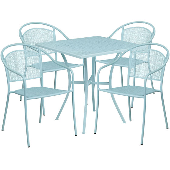 Oia Commercial Grade 28" Square Sky Blue Indoor-Outdoor Steel Patio Table Set with 4 Round Back Chairs CO-28SQ-03CHR4-SKY-GG