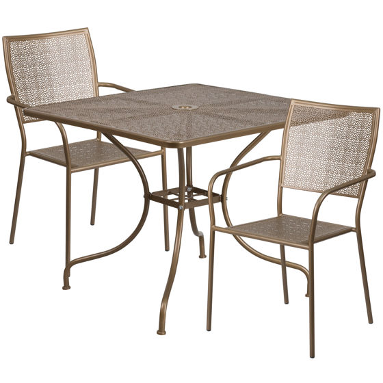 Oia Commercial Grade 35.5" Square Gold Indoor-Outdoor Steel Patio Table Set with 2 Square Back Chairs CO-35SQ-02CHR2-GD-GG